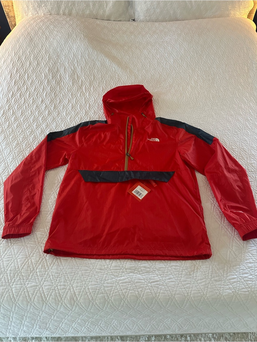The North Face Red Hooded Pullover Windbreaker with Contrast Zipper
